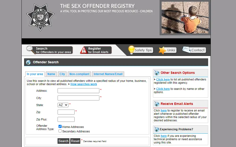 A screenshot showing the Sex Offender Registry of Arizona with several search options such as area address, name, city, non-compliant list, or internet names/email address.
