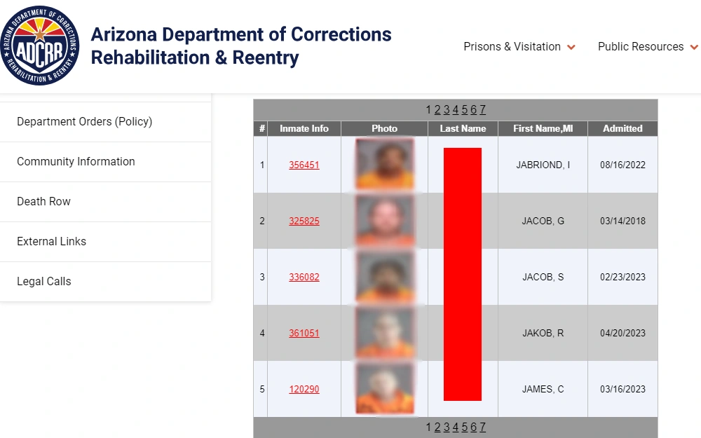 A screenshot of the sample result from the Absconder Locator Tool provided by the Arizona Department of Corrections Rehabilitation and Reentry showing the inmate's ID with a link routing to further details about the inmate, mugshot, last name, first name, middle initial, and the date the inmate was admitted.