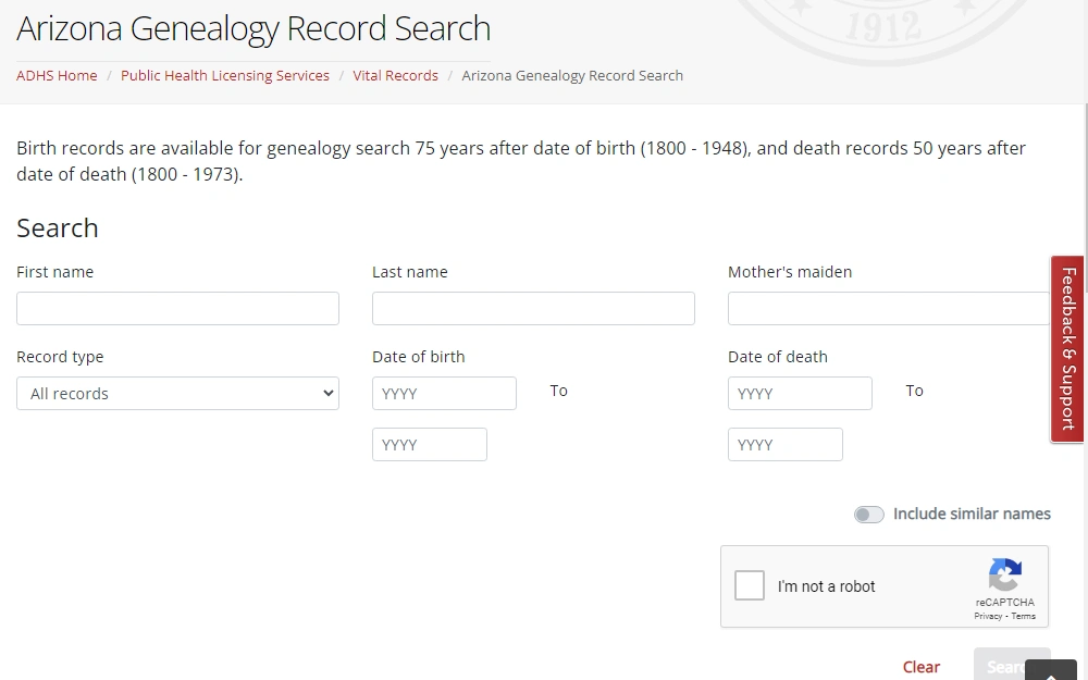 A screenshot showing the Arizona Genealogy Record Search tool where individuals may search for birth and death records by providing the first name, last name, mother's name, record type, and the DOB or date of death of the person being searched.