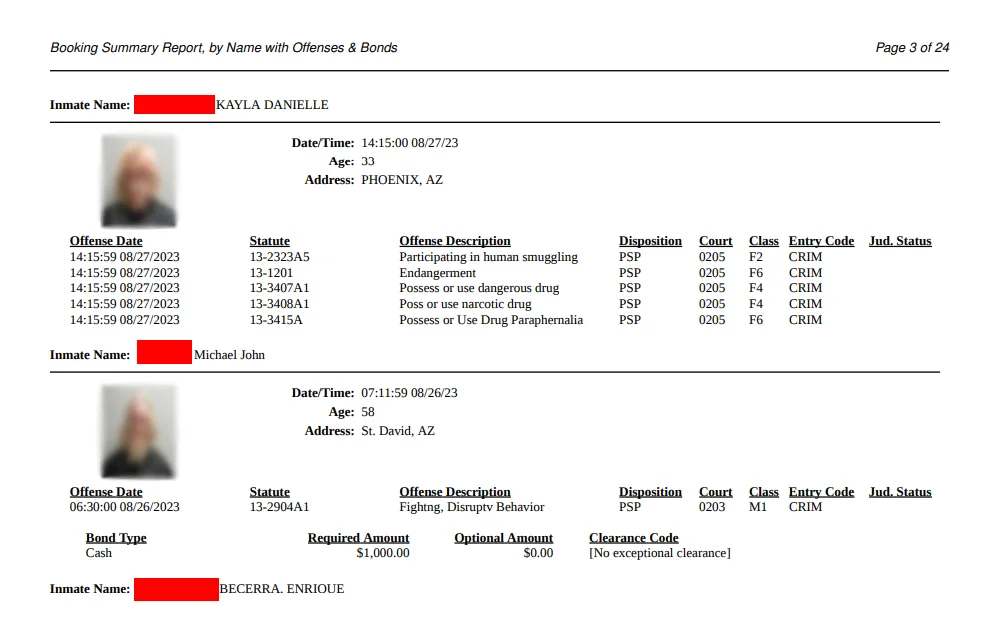 A screenshot of the Booking Summary Report provided by Cochise County showing the inmate's full name, date and time incarcerated, age, address, offense date, bond type and other details.