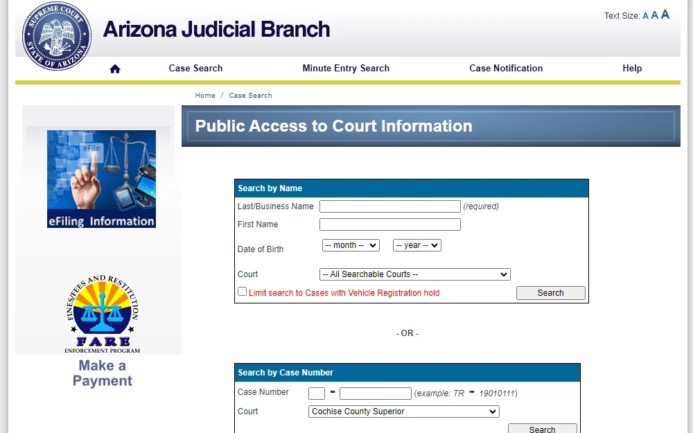 A screenshot of the Public Access to Court Information portal made available by the Arizona Judicial Branch that can be searched by name, case number and other options. 