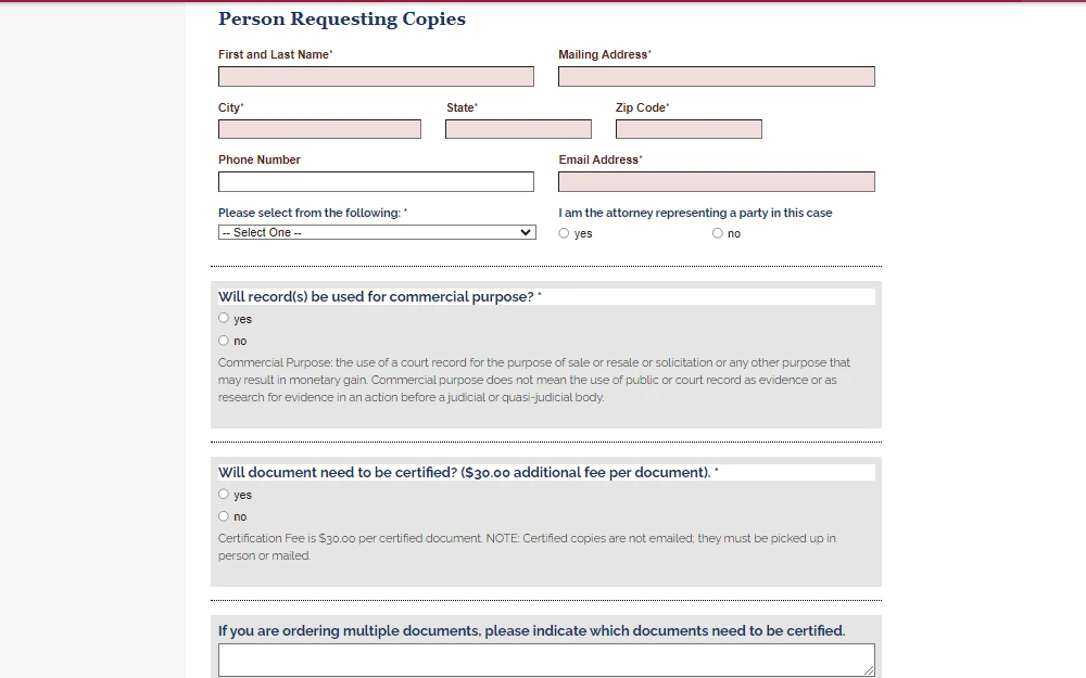 A screenshot of an online request form where an individual can order copies of Superior Court records by completing the requirements listed in the form such as providing name, mailing address, phone number, email address of the requestor and other information.