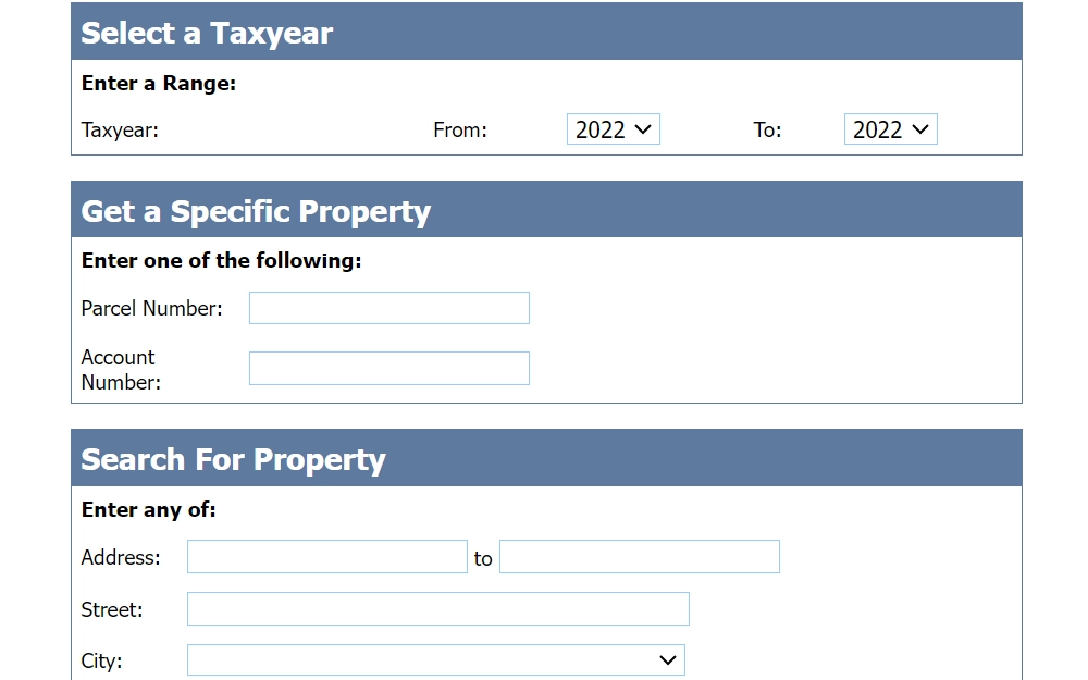 A screenshot of the Property Inquiry Website provided by the Cochise County Assessor's Office, searchable by providing the Tax year range or specific property by entering the parcel number and account number, providing the complete address of the property, and other options. 