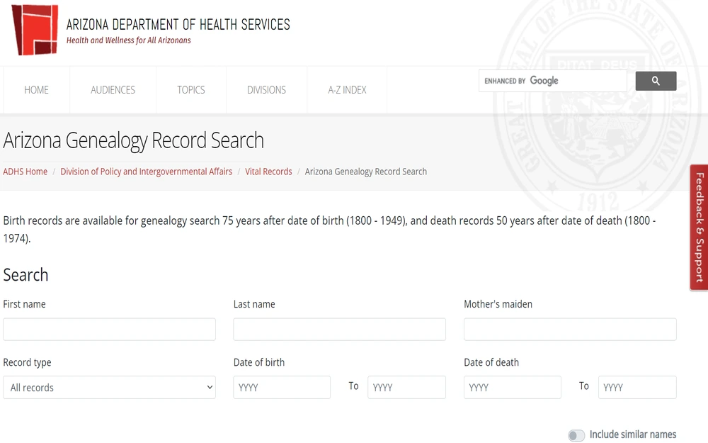 A screenshot showing the Arizona Genealogy Record Search tool where individuals may search for birth and death records by providing the first name, last name, mother's name, record type, and the DOB or date of death of the person being searched.