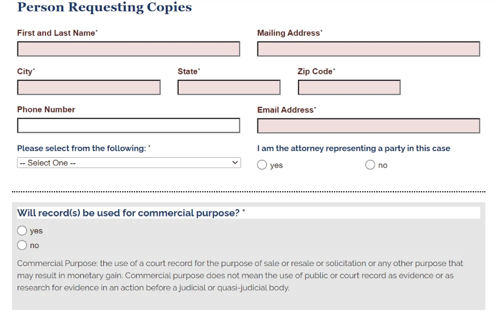 A screenshot of an online request form where an individual can order copies of Superior Court records by completing the requirements listed in the form such as providing name, mailing address, phone number, email address of the requestor and other information.