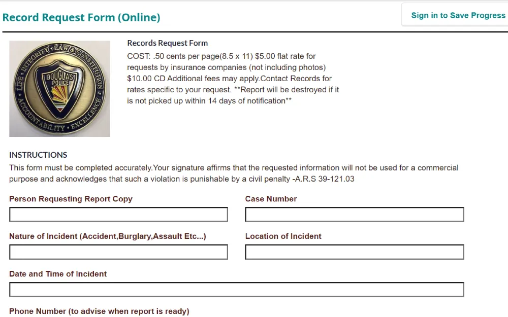 A screenshot of an online Record Request Form where the requestor must provide the following information: person requesting report copy, case number, nature of incident, location of incident, date and time of incident, phone number, email address, and the category of the requester.